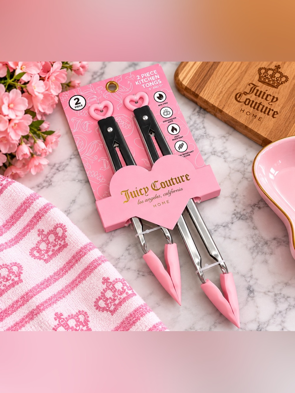 💗 NWT Juicy Couture Home 2-Piece Pink Heart Kitchen Tongs